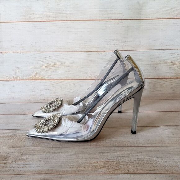 Good American Cinderella Crystal Jeweled Point Toe Clear Translucent Pumps - Picture 4 of 15